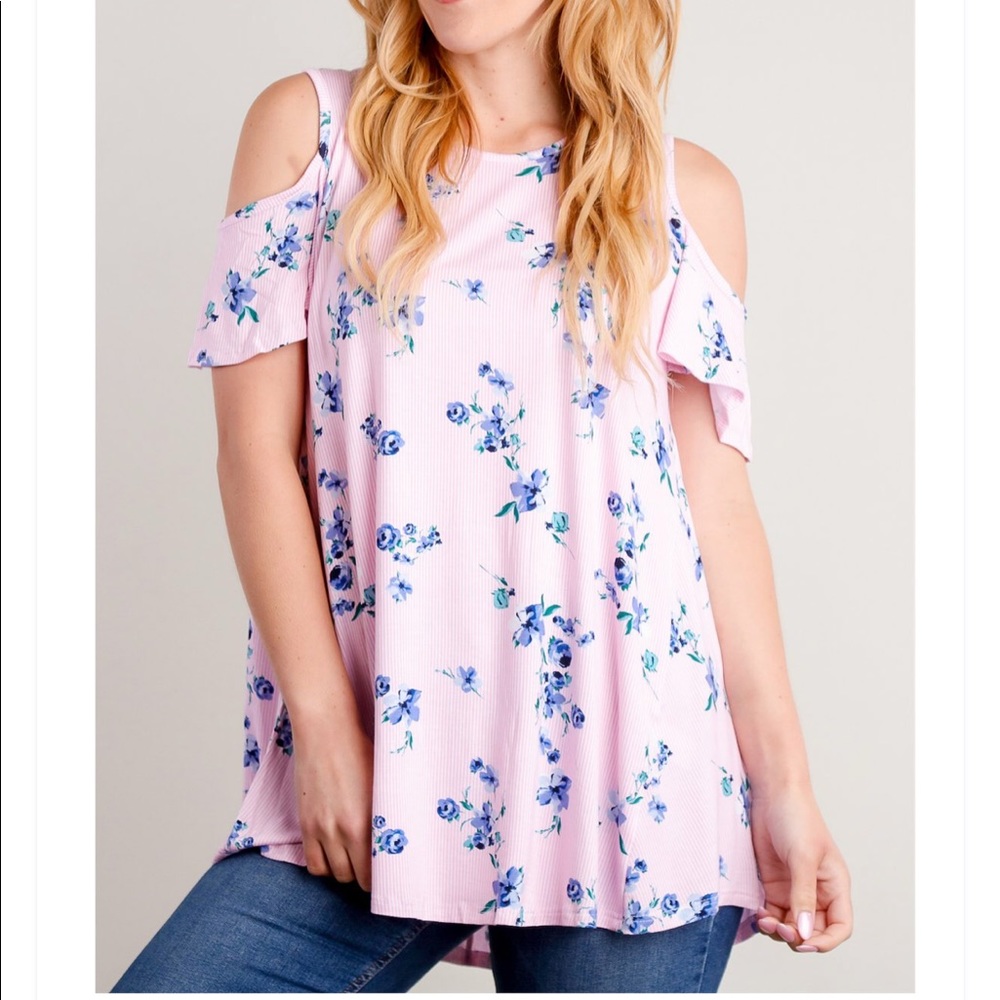 ⬇️$12 ⬇️ Cold shoulder pink stripe floral tunic